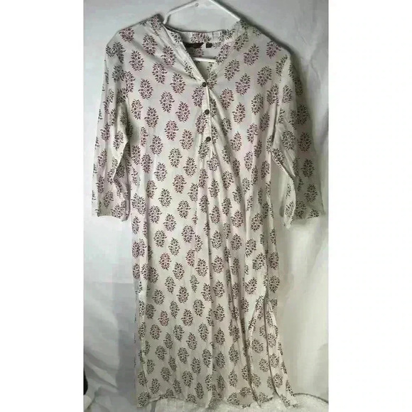 Srishti Floral Printed Long Kaftan Cotton Dress White Cranberry & Pink Womens L - Picture 1 of 11